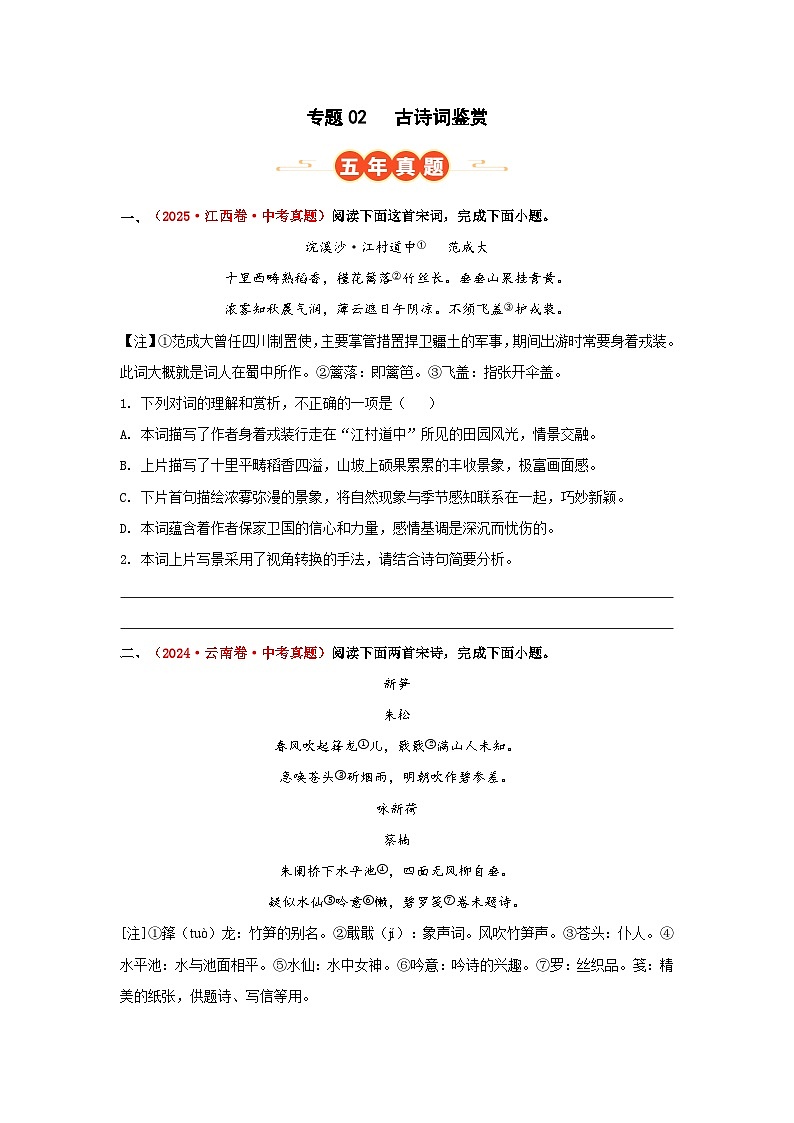 专题02 古诗词鉴赏（原卷版）第1页