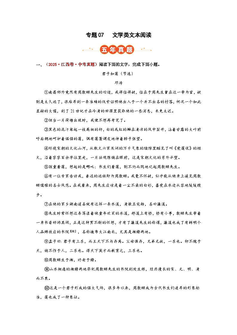 专题07   文学类文本阅读（解析版）第1页