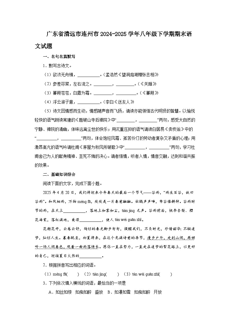 广东省清远市连州市2024-2025学年八年级下学期期末语文试题（含解析）第1页