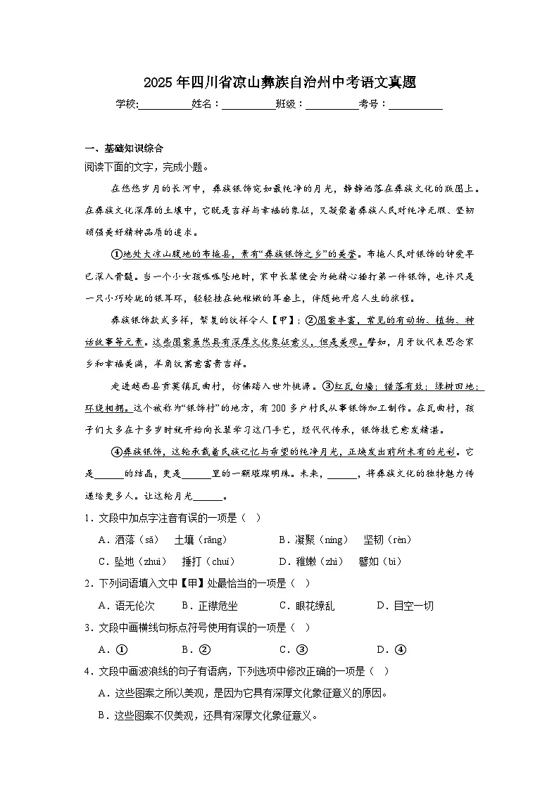 2025年四川省凉山彝族自治州中考语文真题（附答案解析）第1页
