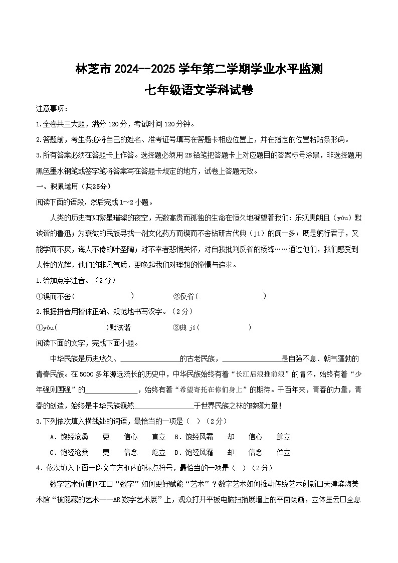 西藏自治区林芝市2024-2025学年七年级下学年期末考试语文试卷（含答案）第1页