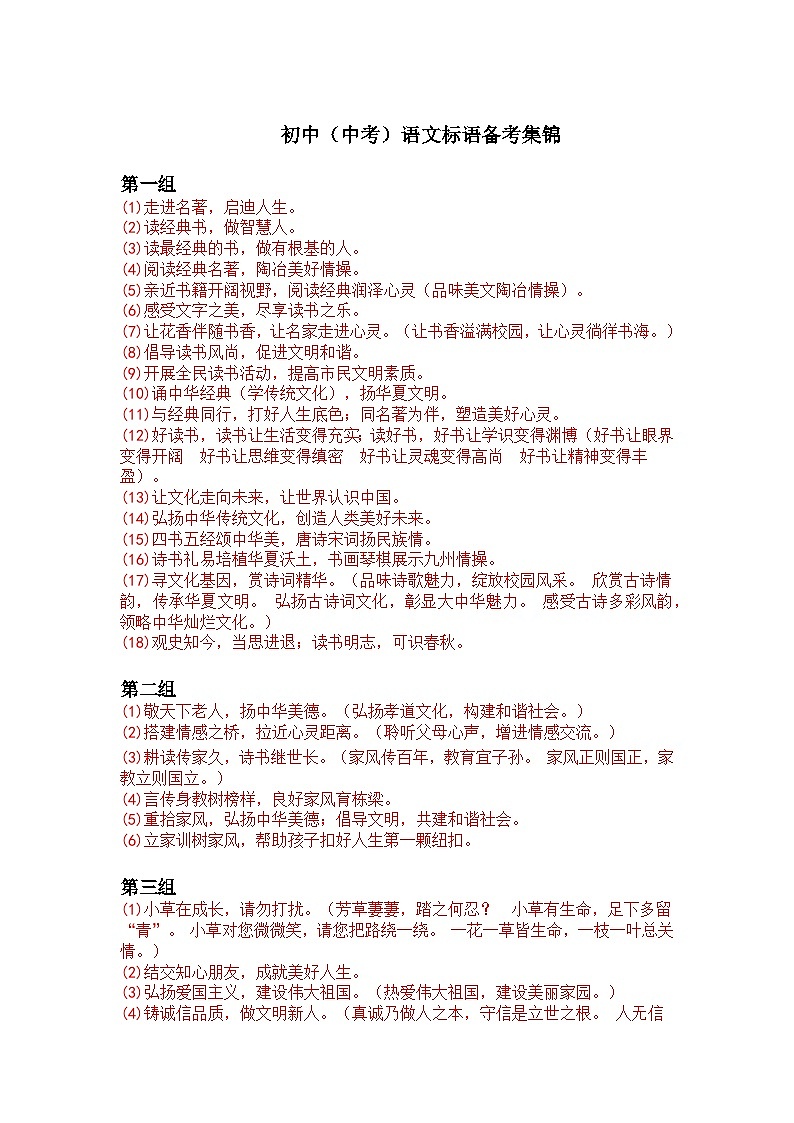 初中（中考）语文标语备考集锦练习第1页