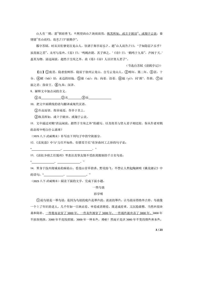 2024～2025学年甘肃省武威市第二十中学八年级下语文期末模拟试卷第3页