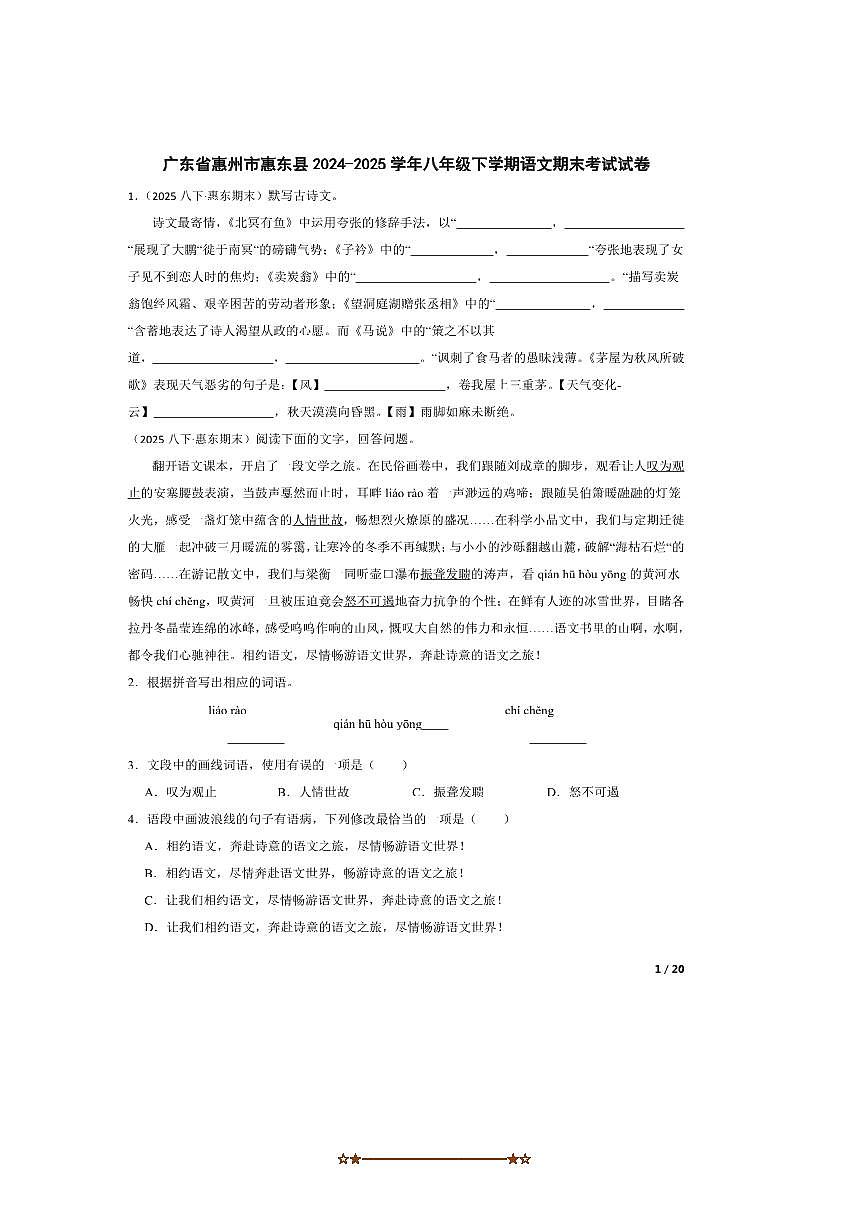 2024～2025学年广东省惠州市惠东县八年级下语文期末考试试卷第1页