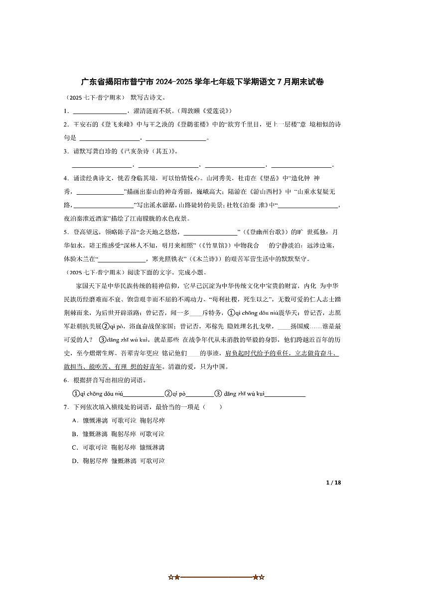 2024～2025学年广东省揭阳市普宁市七年级下语文7月期末试卷第1页