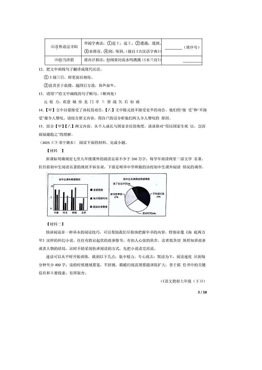 2024～2025学年广东省揭阳市普宁市七年级下语文7月期末试卷第3页