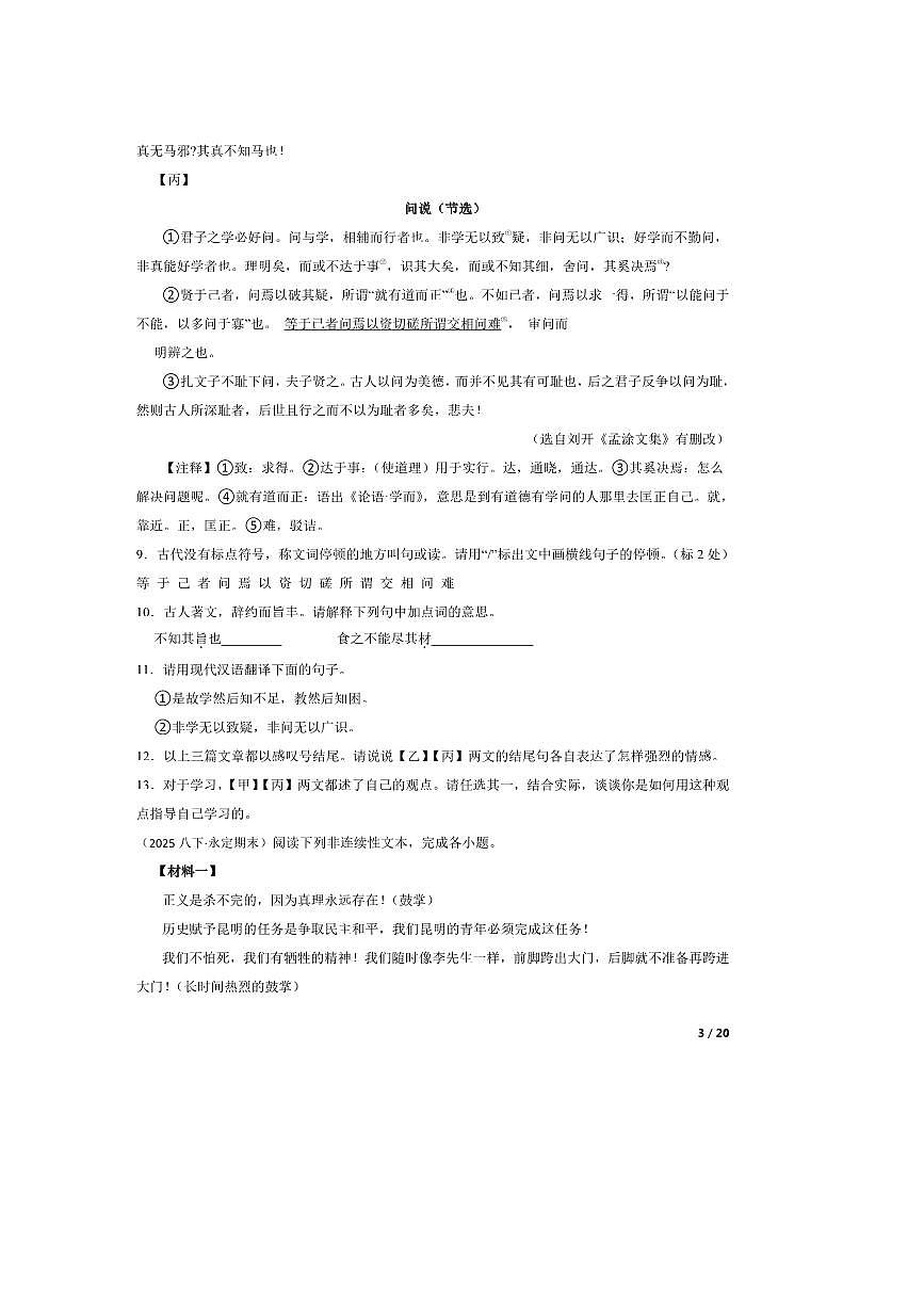 2024～2025学年湖南省张家界市永定区八年级下语文期末考试试卷第3页