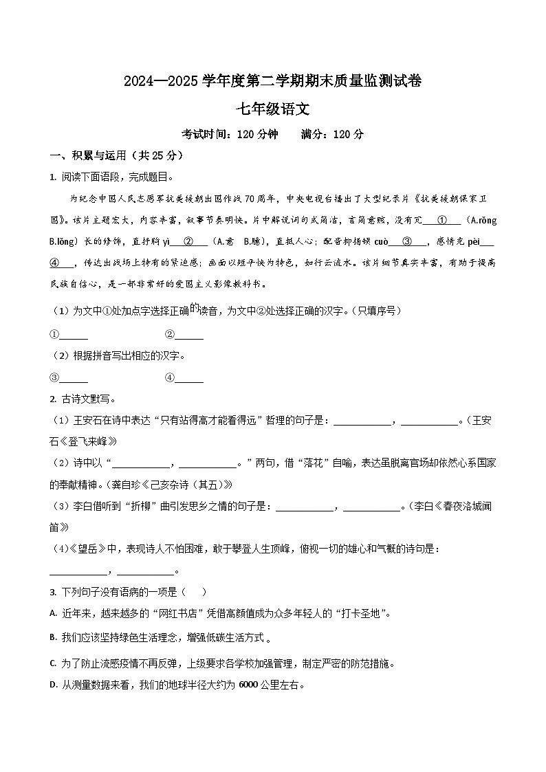 河南省驻马店市正阳县2024-2025学年七年级下学期期末质量监测语文试卷第1页