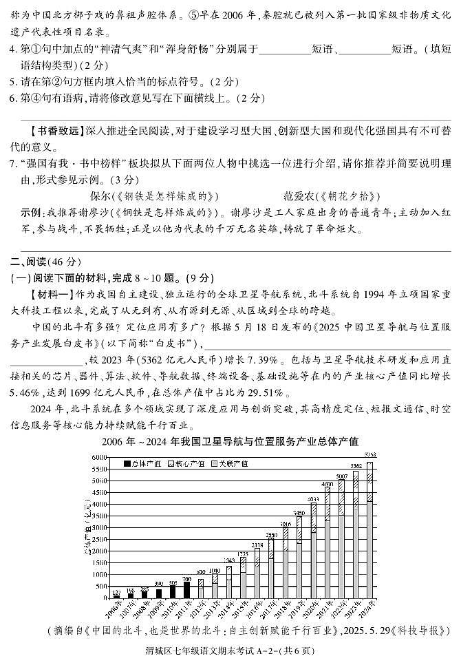 咸阳市渭城区七年级语文2024-2025学年第二学期期末考试试题第2页