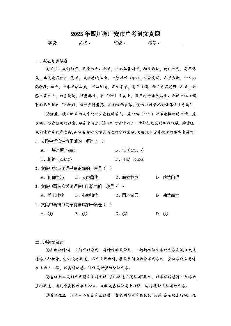 2025年四川省广安市中考语文真题（无答案解析）第1页
