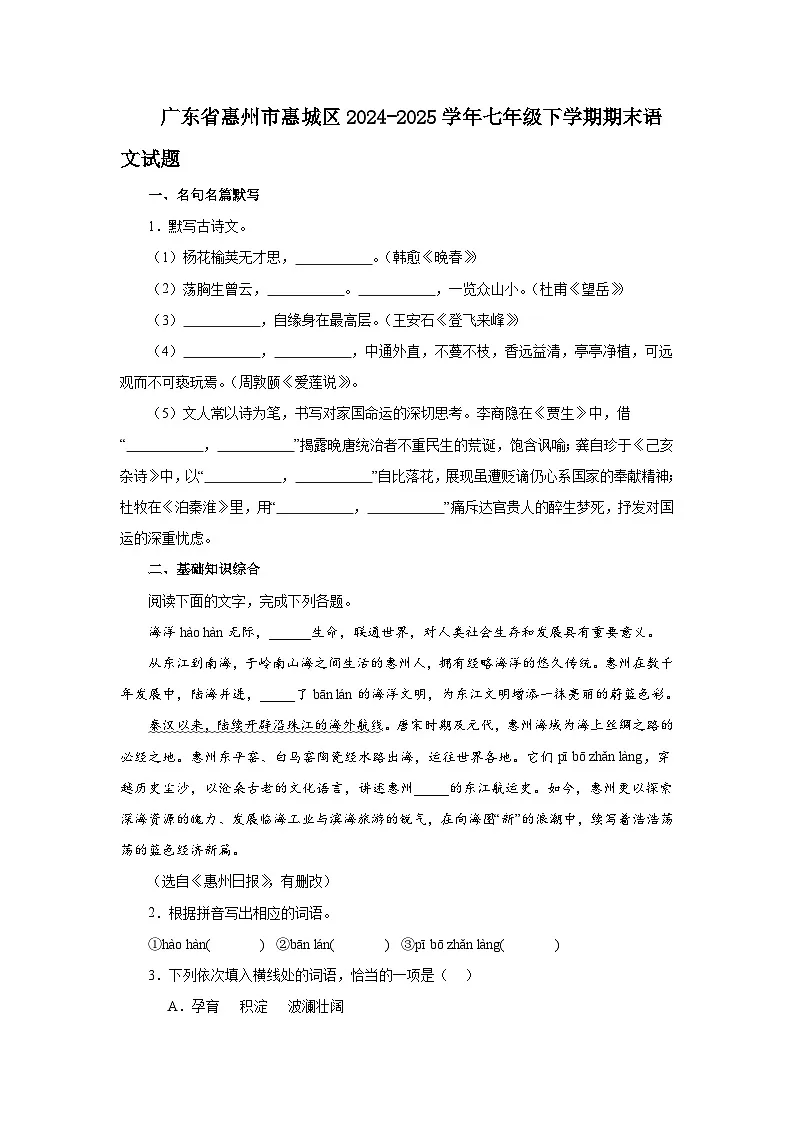 广东省惠州市惠城区2024-2025学年七年级下学期期末语文试题第1页