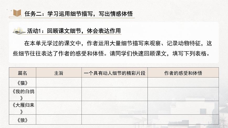 部编版）（2024）七年级上册第五单元任务三《记叙与动物的相处》课件第5页