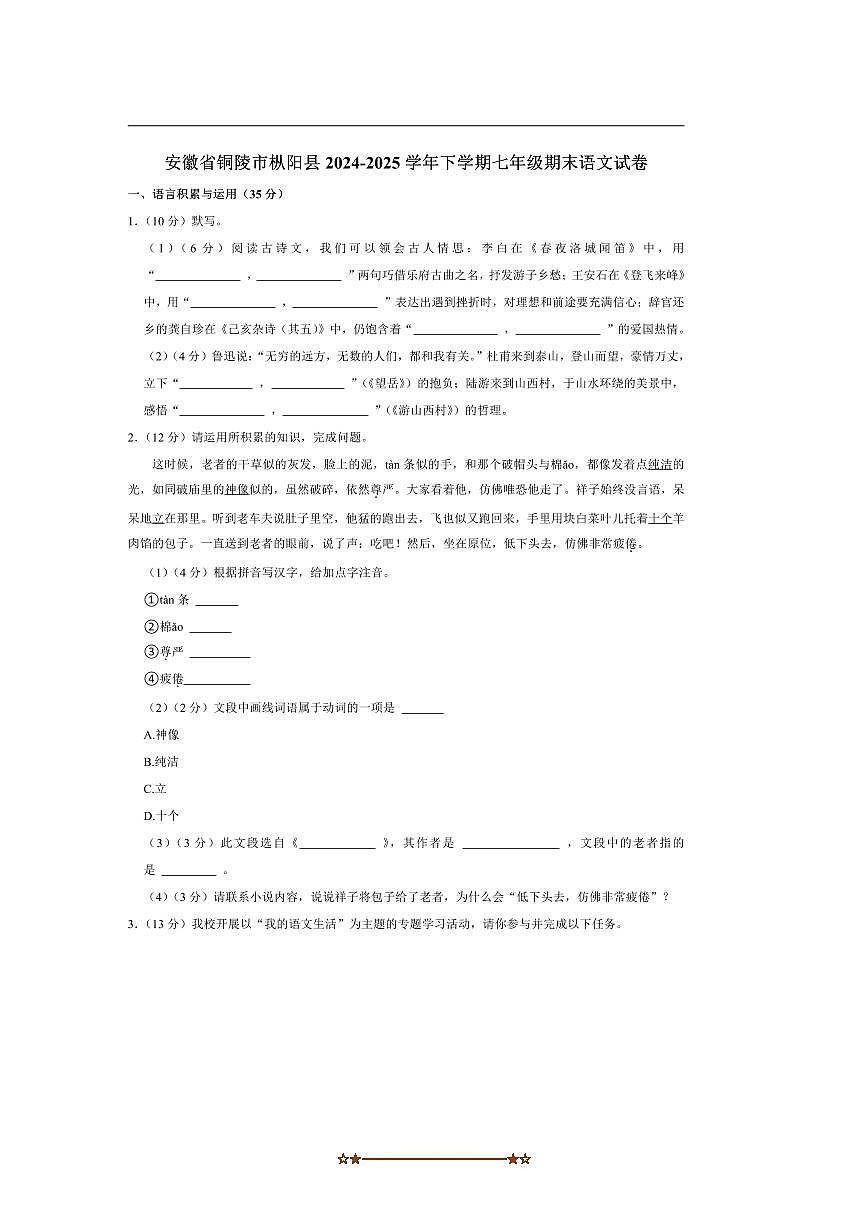 2024～2025学年安徽省铜陵市枞阳县七年级下期末语文试卷(含解析)第1页