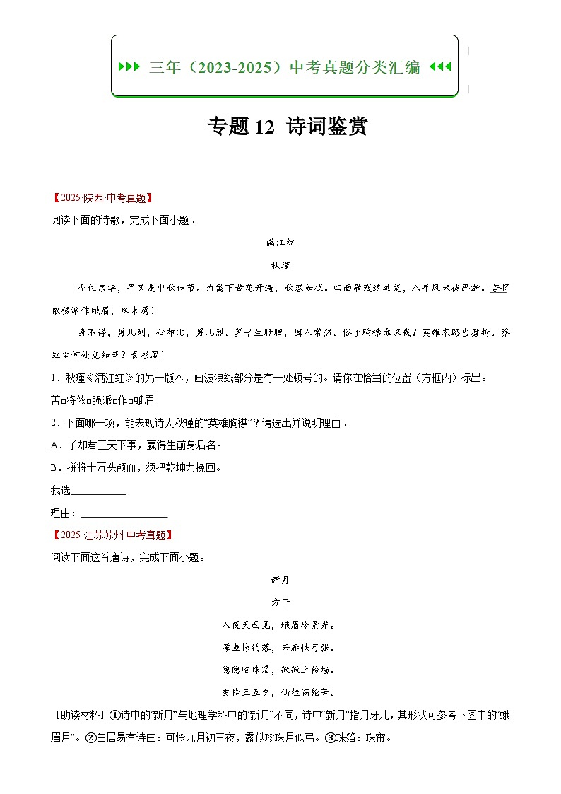 2023-2025年语文全国中考真题分类汇编 专题12 诗词鉴赏第1页