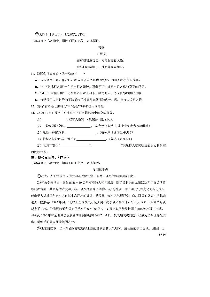 2024～2025学年四川省眉山市东坡区苏辙中学九年级上语文期中试卷第3页