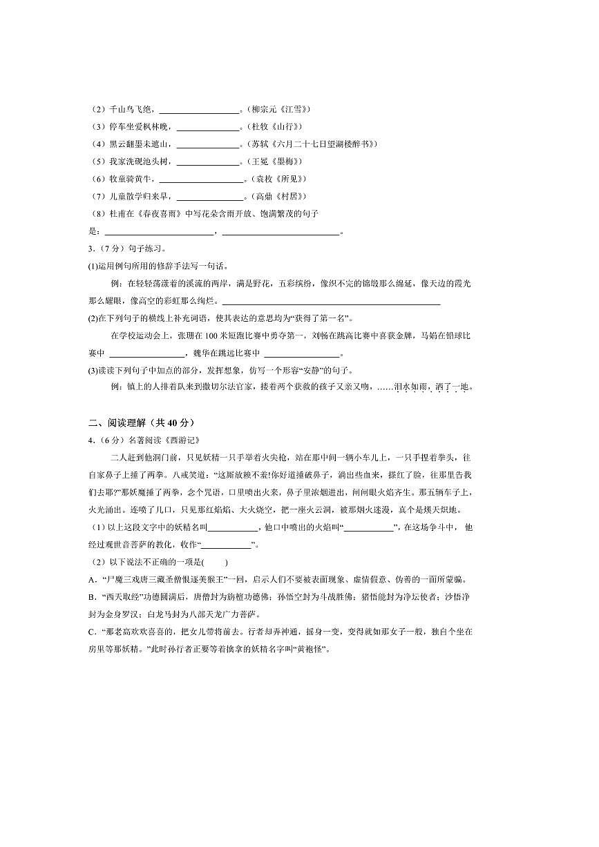 2025年山东省滨州地区秋季新七年级开学摸底考试语文模拟卷试卷(含答案)第2页