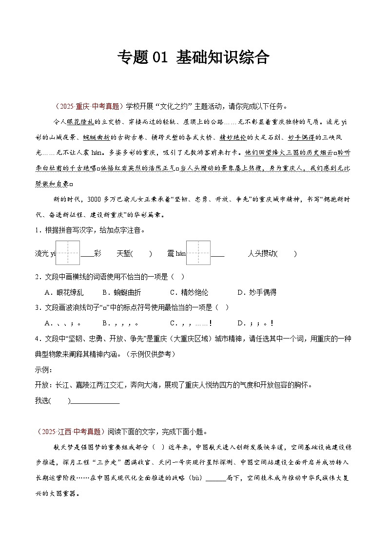 2025年中考语文真题分类汇编（全国通用）专题01 基础知识综合（第1期）（原卷版）第1页
