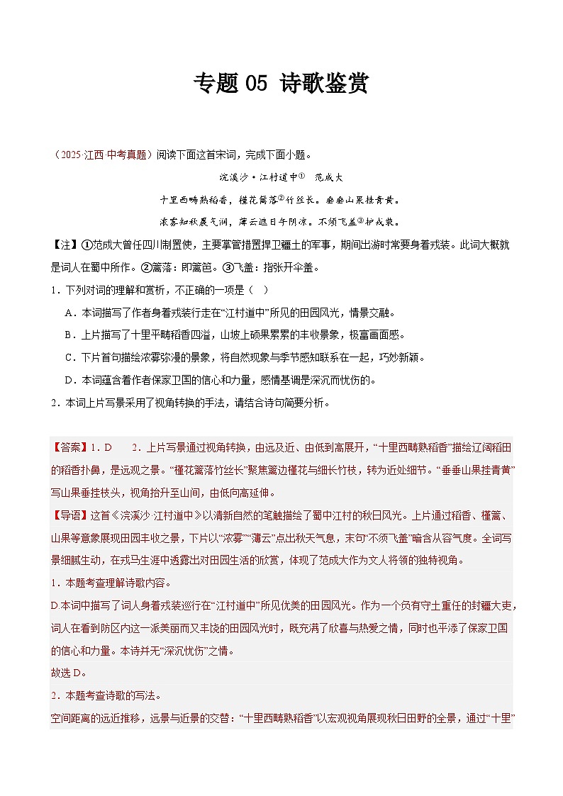 2025年中考语文真题分类汇编（全国通用）专题05 诗歌鉴赏（第1期）（解析版）第1页