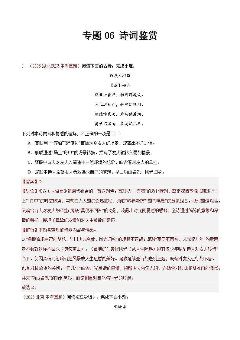 2025年中考语文真题分类汇编（全国通用）专题06 诗词鉴赏（全国通用）（解析版）第1页