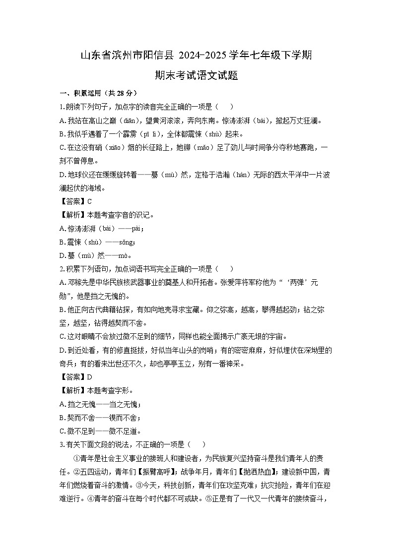 山东省滨州市阳信县2024-2025学年七年级下学期期末考试语文试卷（解析版）第1页