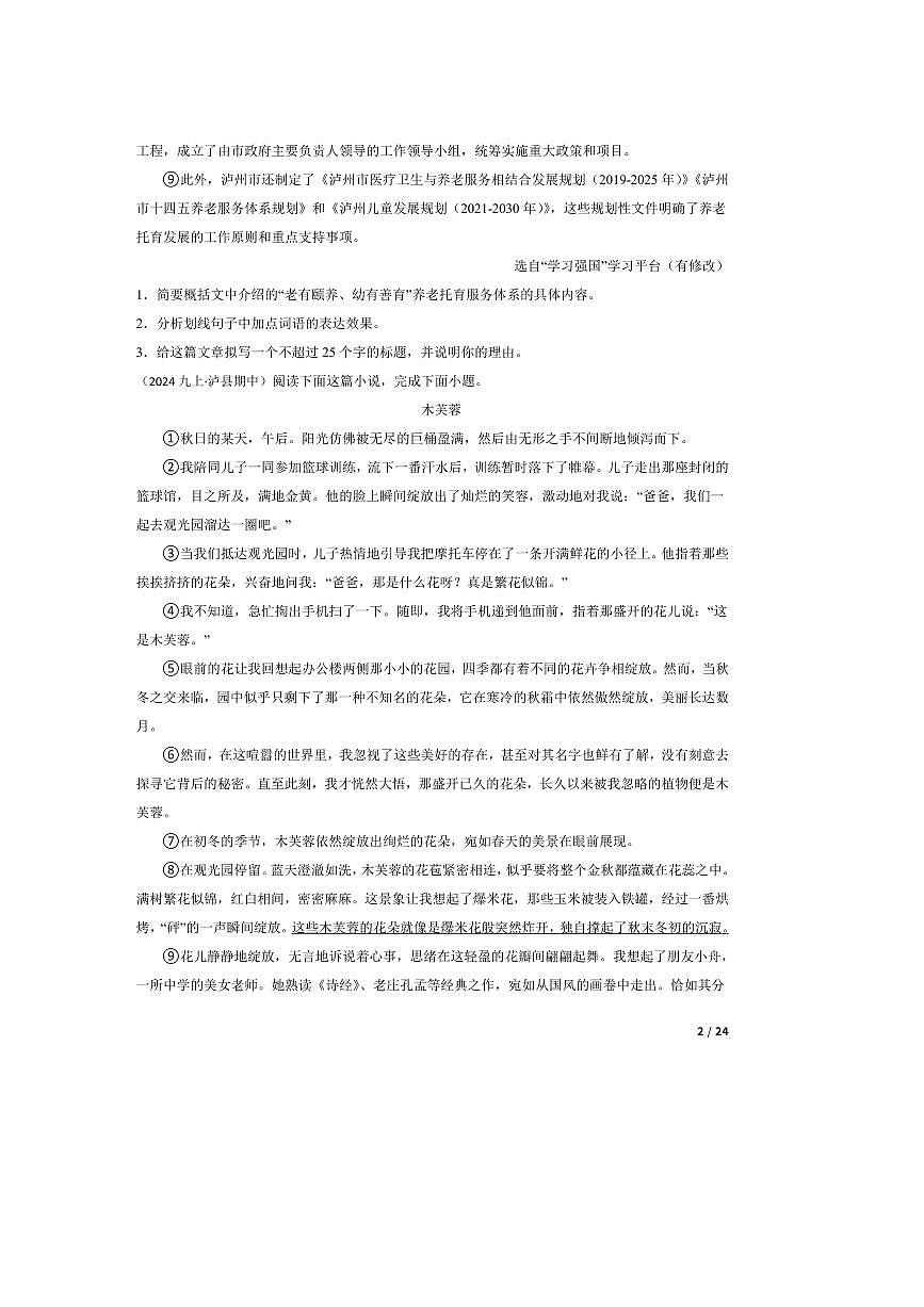 2024～2025学年四川省泸州市泸县五中学区九年级上语文期中试卷第2页