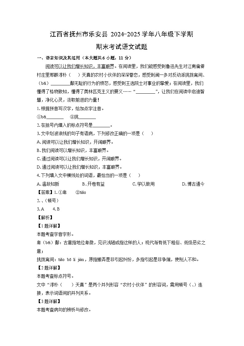 江西省抚州市乐安县2024-2025学年八年级下学期期末考试语文试题（解析版）第1页