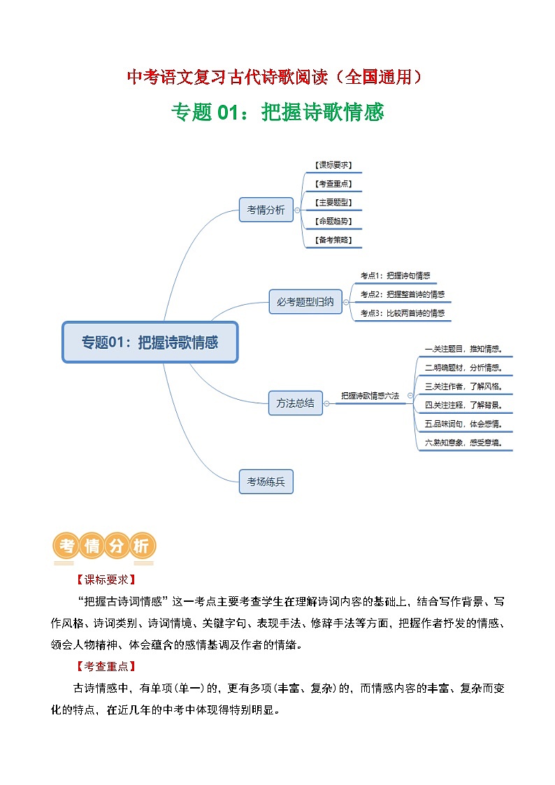 专题01：把握诗歌情感-中考语文复习 古代诗歌阅读（全国通用）（教师版）第1页