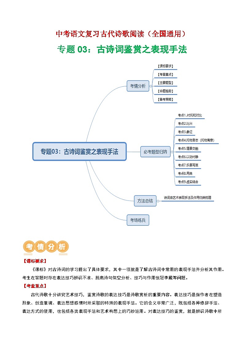 专题03：古诗词鉴赏之表现手法-中考语文复习 古代诗歌阅读（全国通用）（学生版）第1页