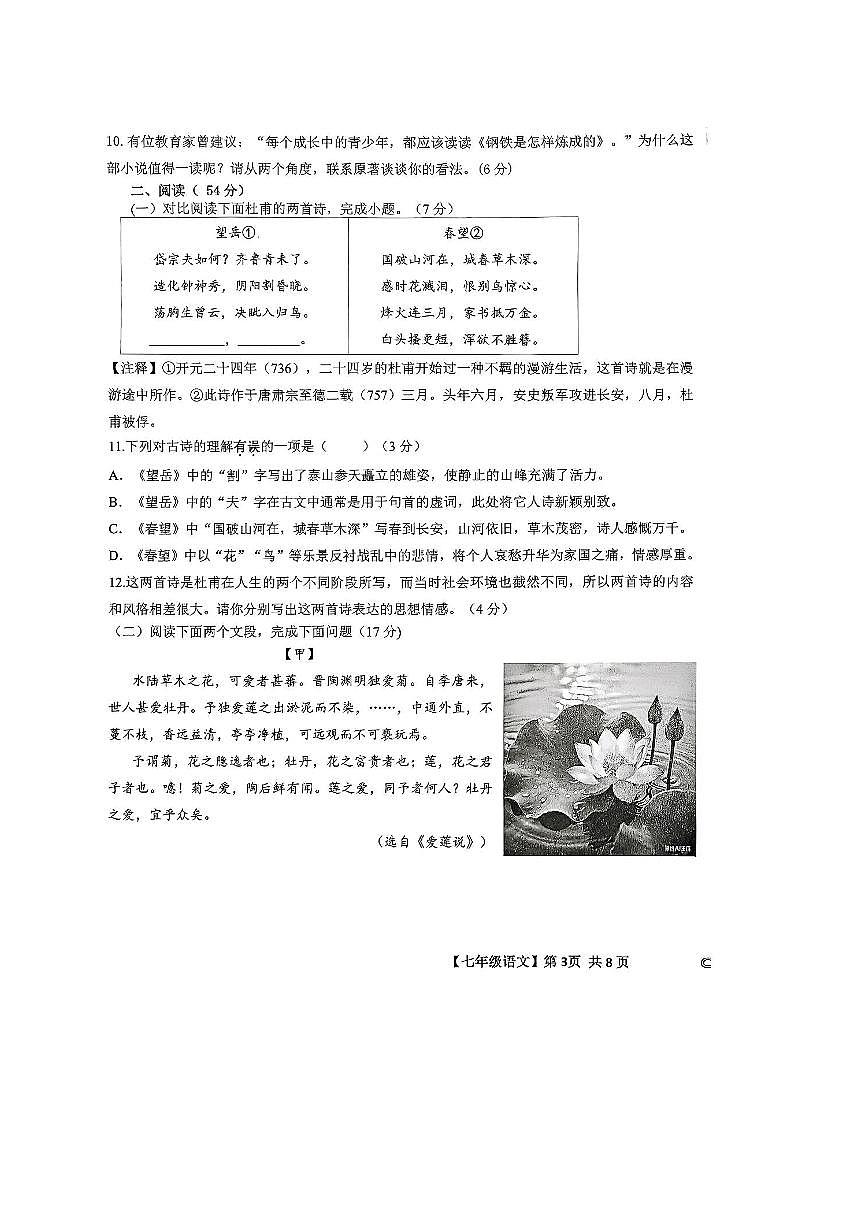 2024～2025学年山东省德州市天衢新区七年级下期末考试语文试卷(含答案)第3页