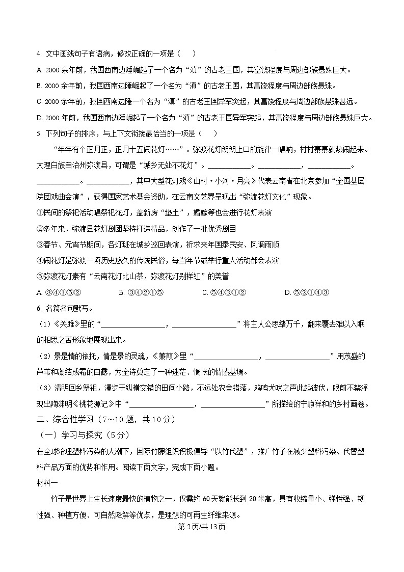 云南省昭通市2024-2025学年八年级下学期期中语文试题（含答案）第2页