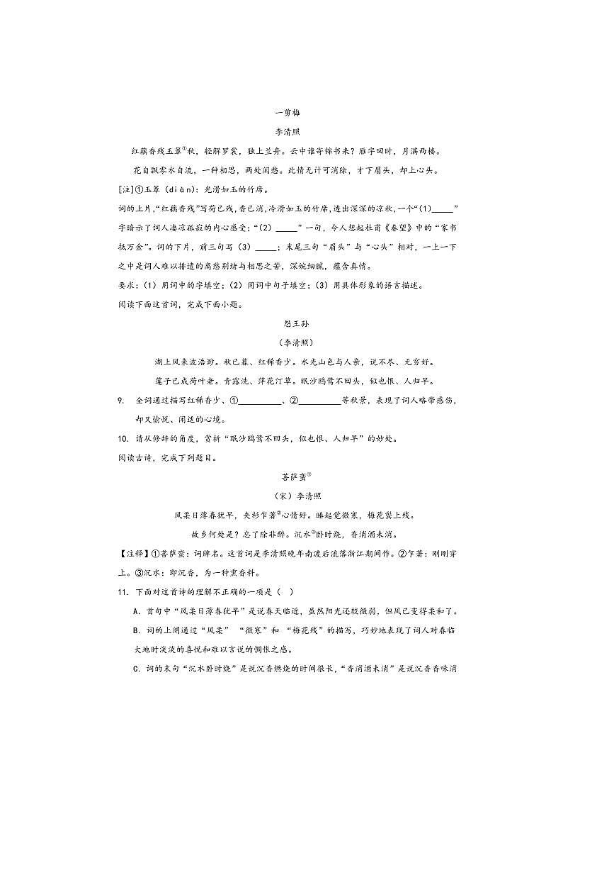 中考语文诗歌阅读赏练～～李清照诗歌试卷(含答案)第3页
