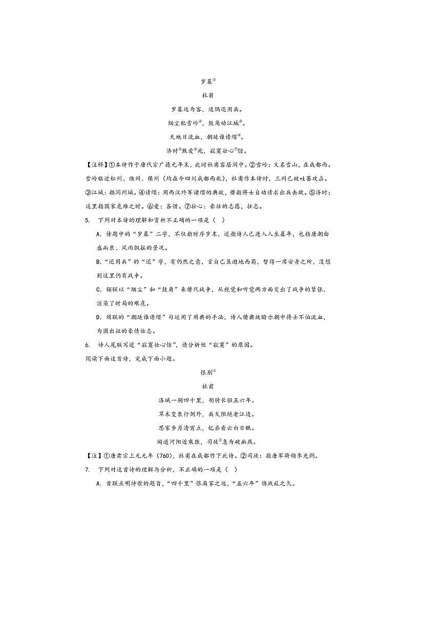 中考语文诗歌阅读赏练～～杜甫诗歌试卷(含答案)第2页