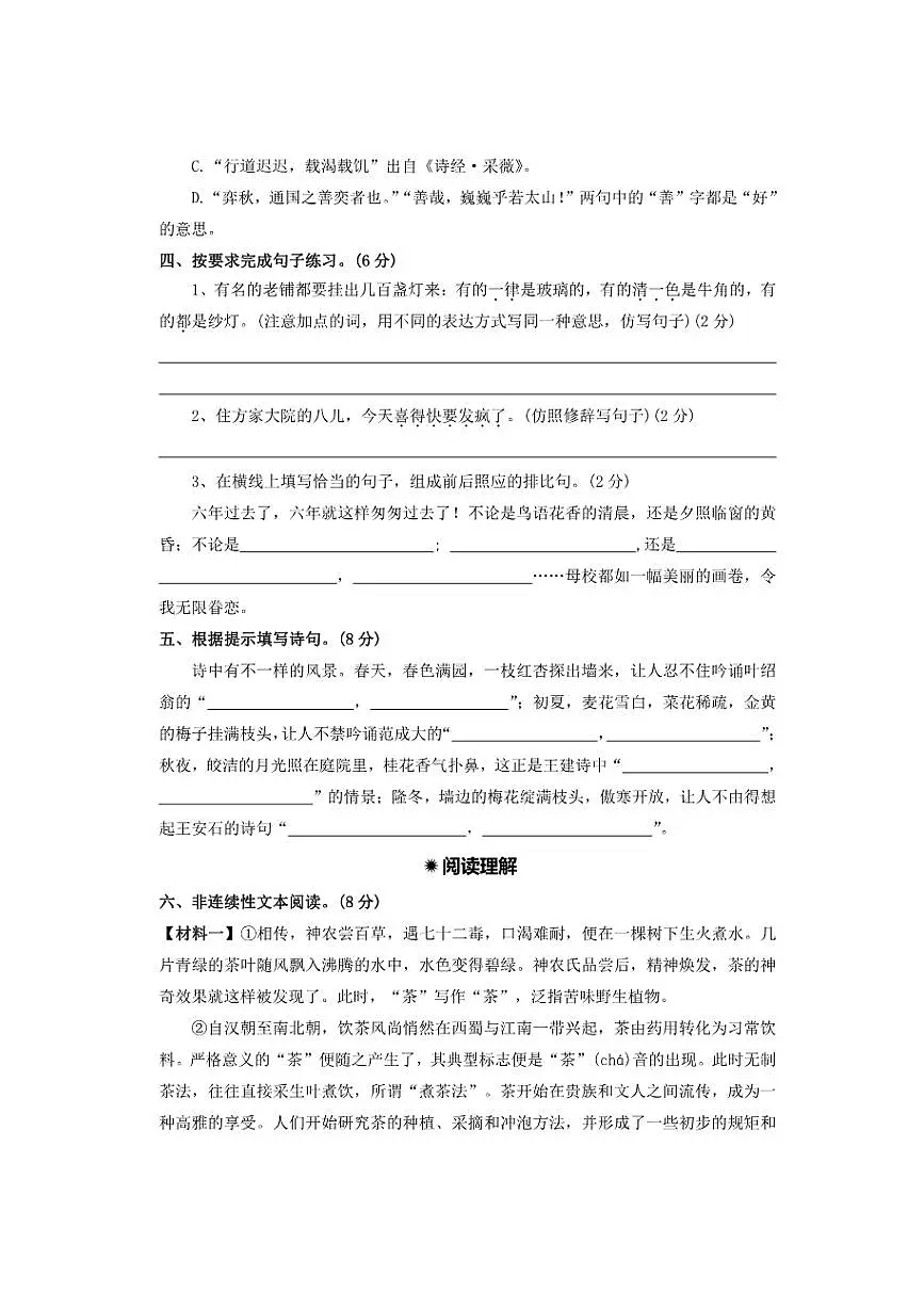2025年新初一语文分班测试卷十九（含答案）第3页