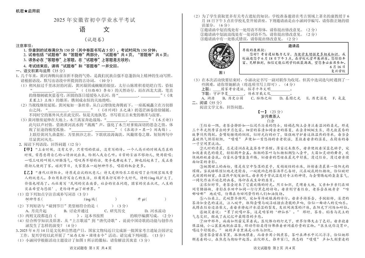 安徽省大联考2025届九年级初中学业水平模拟考试语文试卷（PDF版）第1页