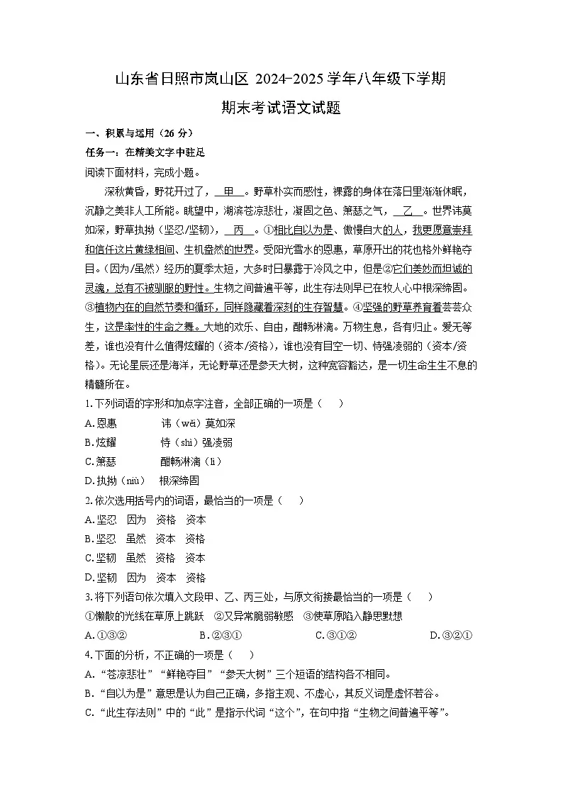 山东省日照市岚山区2024-2025学年八年级下学期期末考试语文试题（解析版）第1页