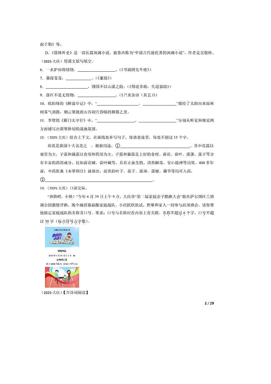 2025年黑龙江省大庆市中考语文真题试卷第2页