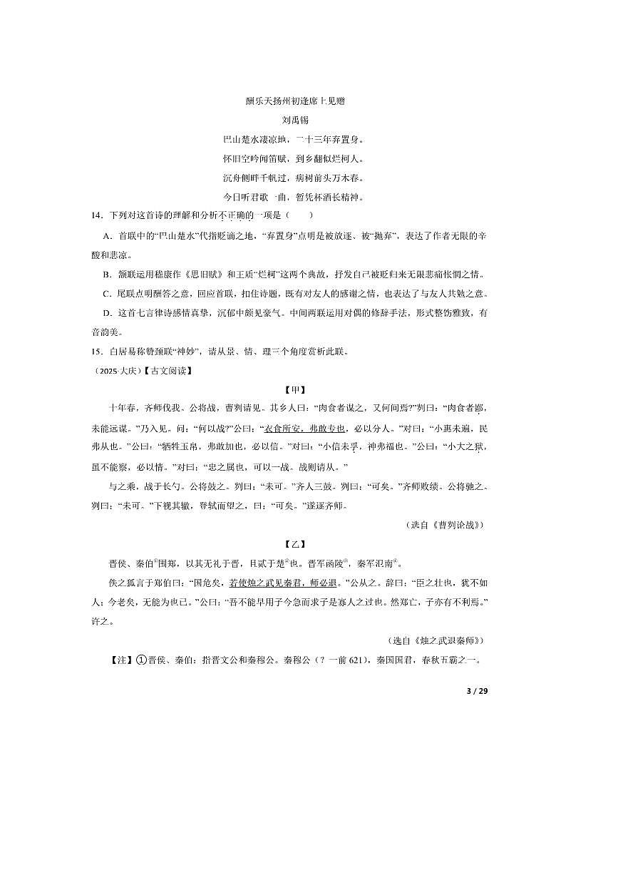 2025年黑龙江省大庆市中考语文真题试卷第3页