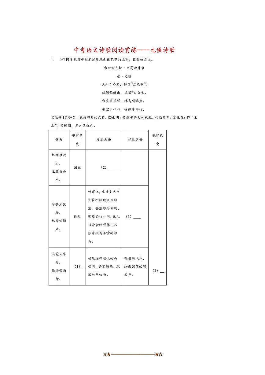 中考语文诗歌阅读赏练～～元稹诗歌试卷(含解析)第1页
