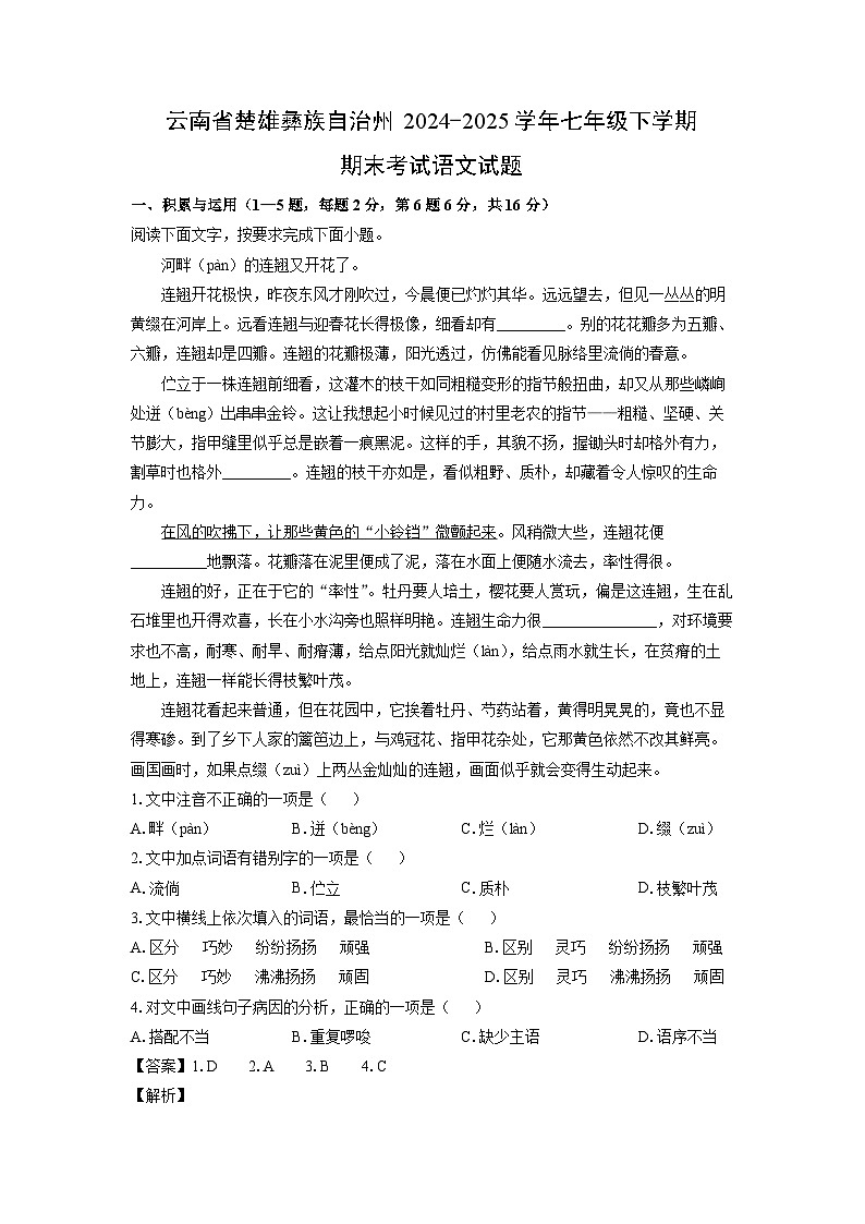 云南省楚雄彝族自治州2024-2025学年七年级下学期期末考试试题语文试卷（解析版）第1页