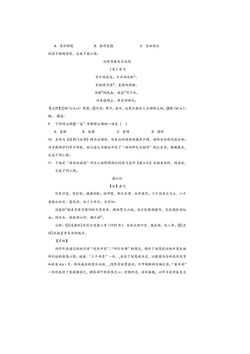 2026中考语文诗歌阅读赏练～～岳飞诗歌试卷(含解析)第3页