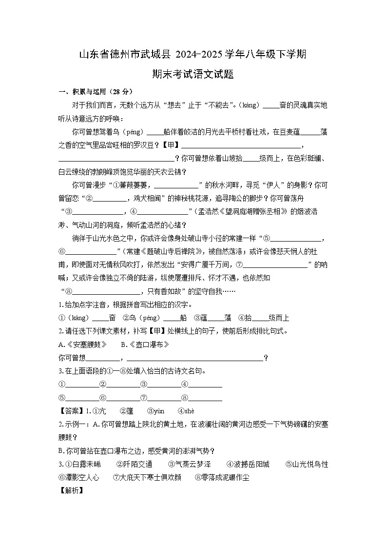 山东省德州市武城县2024-2025学年八年级下学期期末考试语文试题（解析版）第1页