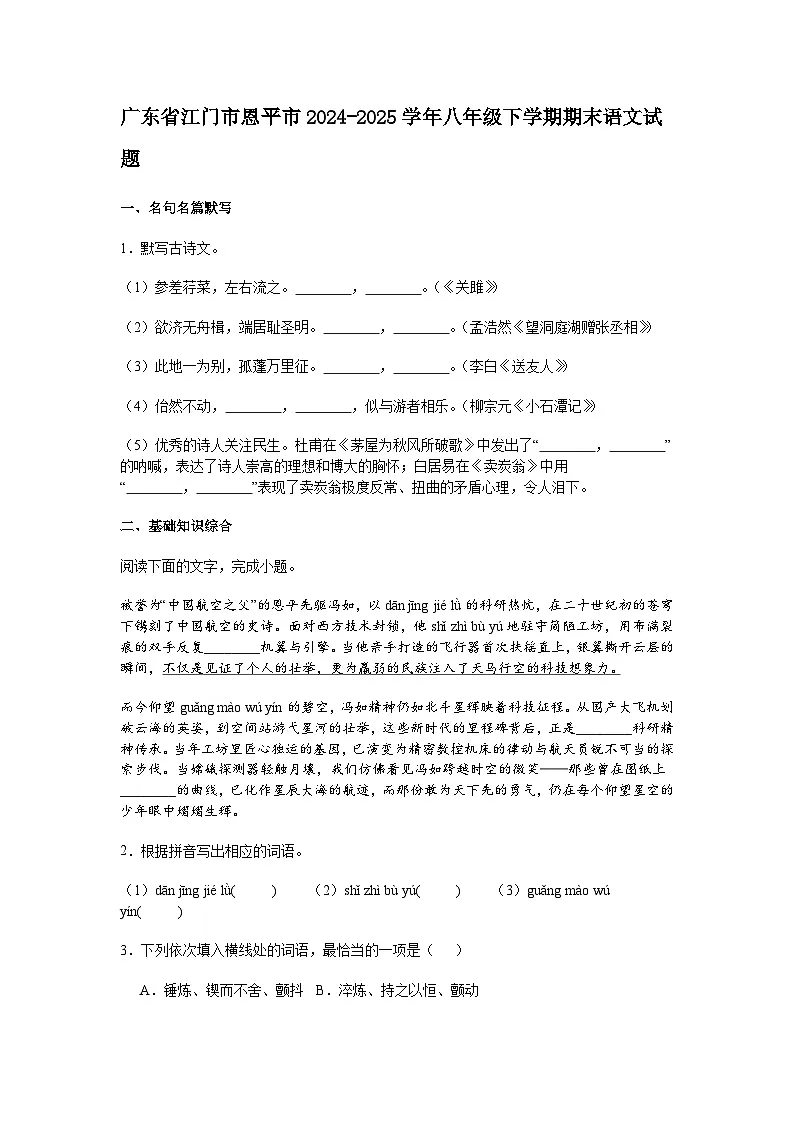 广东省江门市恩平市2024-2025学年八年级下学期期末语文试题（含答案）第1页