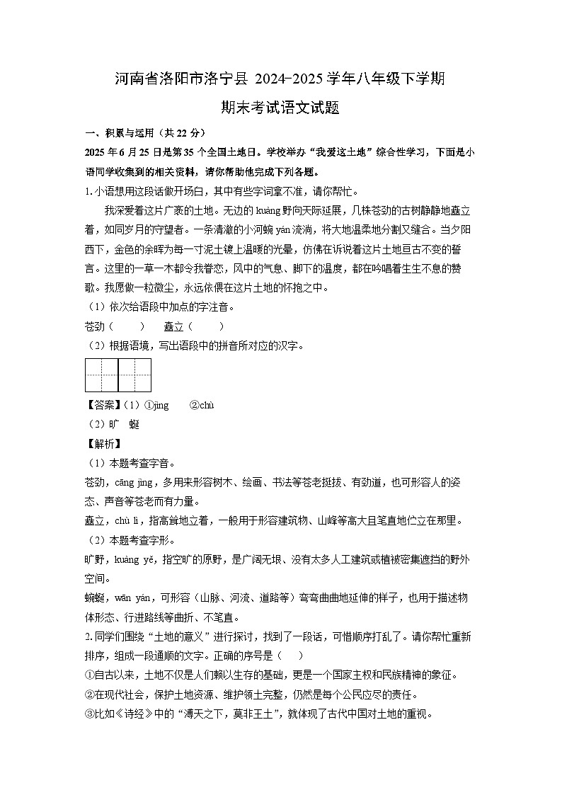 河南省洛阳市洛宁县2024-2025学年八年级下学期期末考试语文试题（解析版）第1页