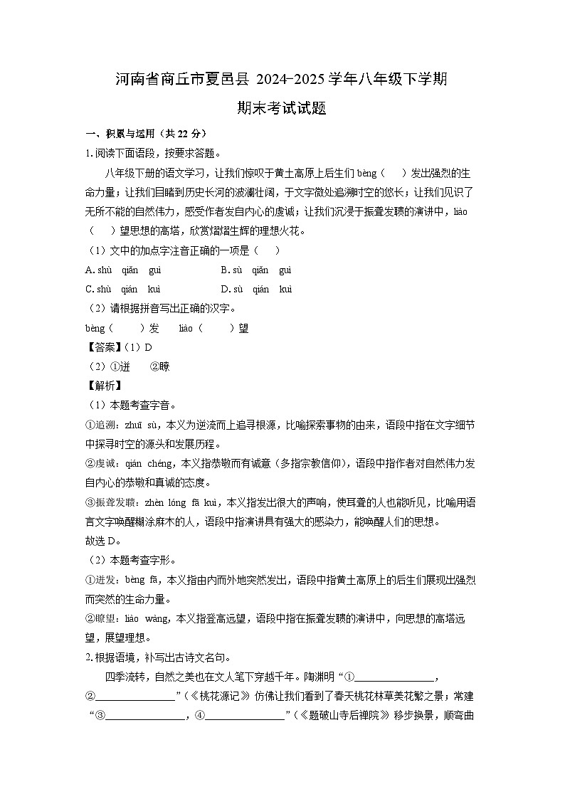 河南省商丘市夏邑县2024-2025学年八年级下学期期末考试语文试题（解析版）第1页