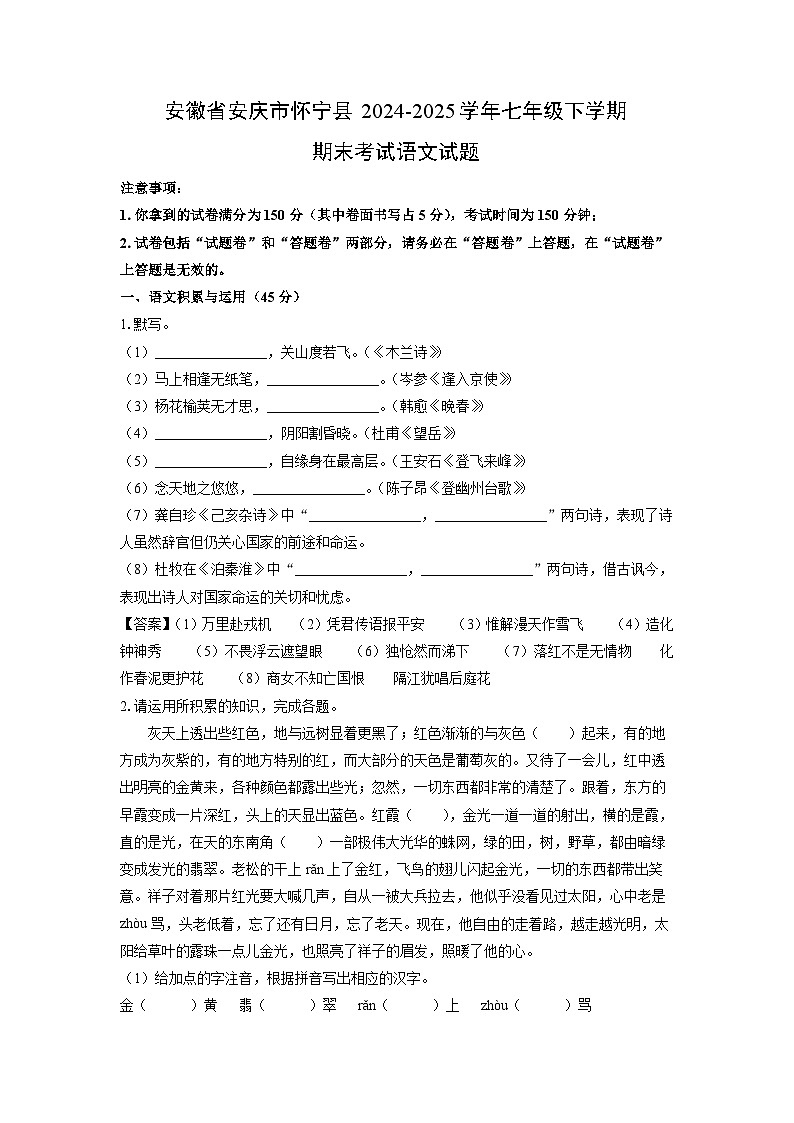 安徽省安庆市怀宁县2024-2025学年七年级下学期期末考试语文试题（解析版）第1页
