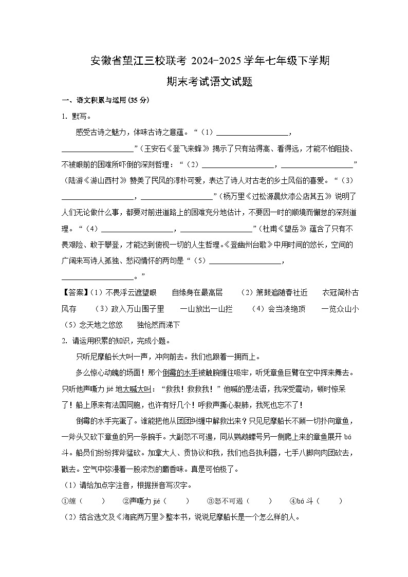 安徽省望江三校联考2024-2025学年七年级下学期期末考试语文试题（解析版）第1页