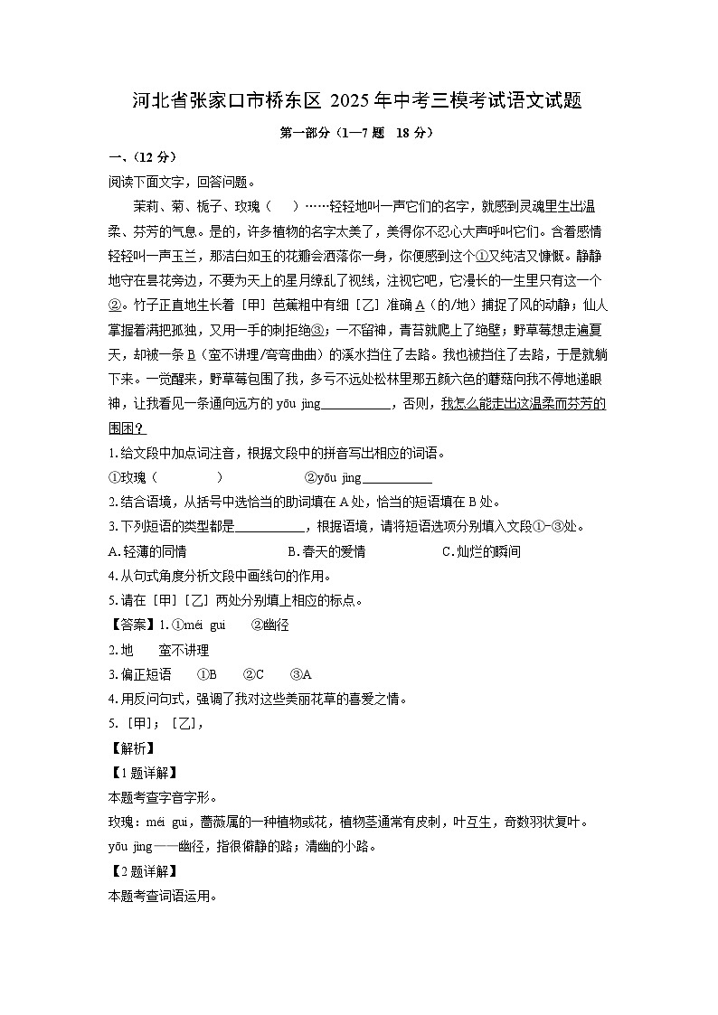 河北省张家口市桥东区2025年中考三模考试语文试题（解析版）第1页