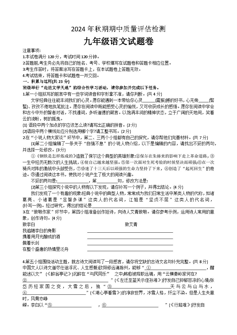 河南省南阳市宛城区2024-2025学年九年级上学期11月期中语文试题+第1页