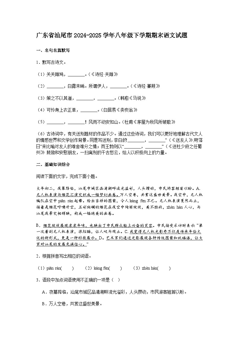 广东省汕尾市2024-2025学年八年级下学期期末语文试题（含答案）第1页