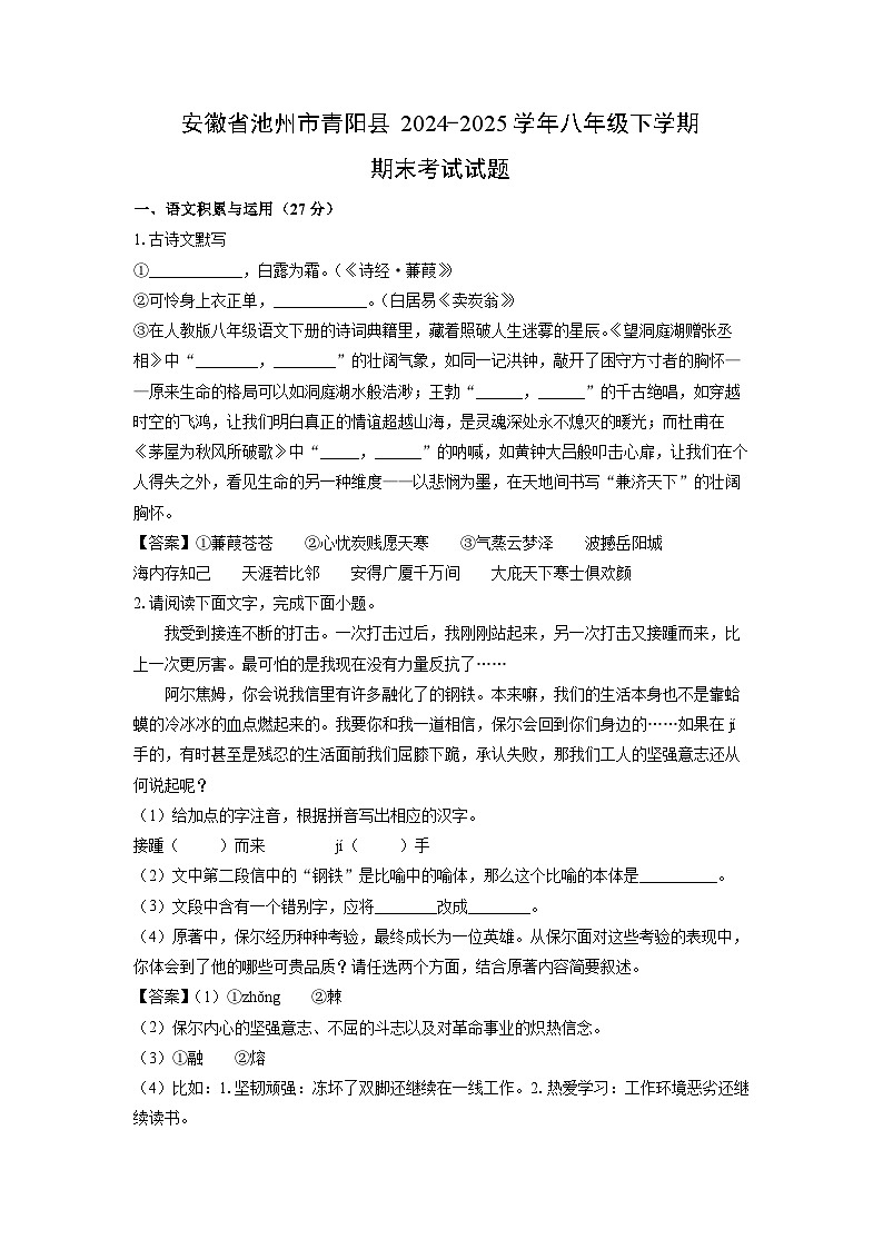 安徽省池州市青阳县2024-2025学年八年级下学期期末考试语文试题（解析版）第1页